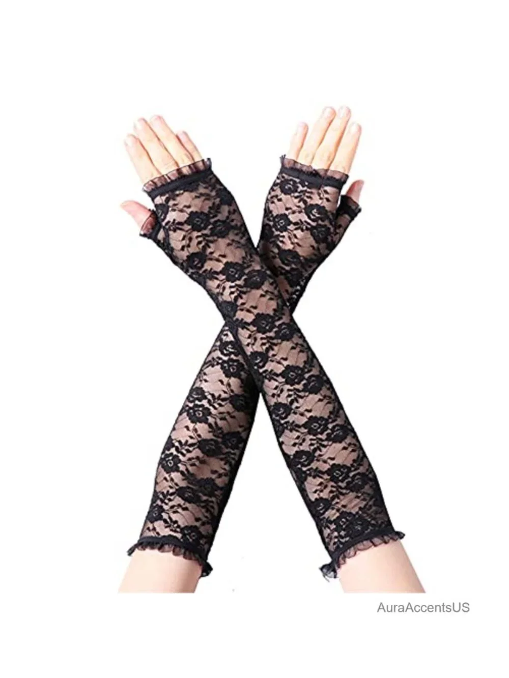 Fingerless Lace Gloves for Women, Floral Elbow Length Arm Sleeves, UV